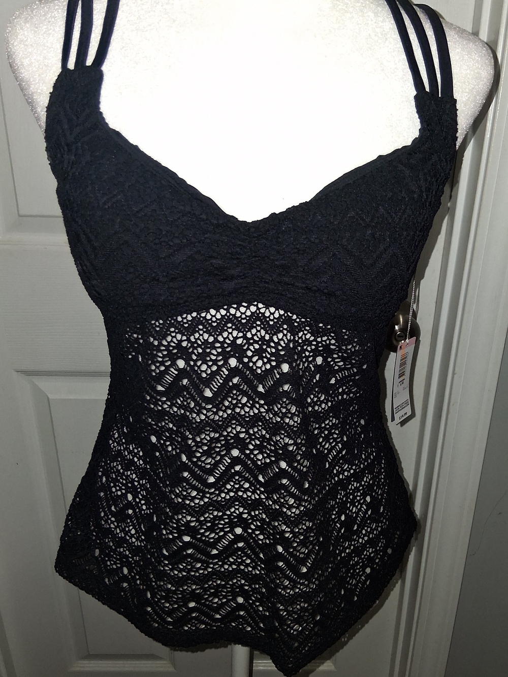 Joe Boxer Black Crochet Tankini Top with Triple Straps